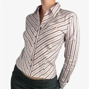 Marks & Spencer purple white striped fitted button up collared office top XS